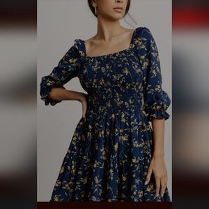 BALTIC BORN Martha Smocked  Blue Dress with Yellow Floral Pattern 1x New Wo Tags